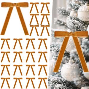 Artmag 24 Pcs Velvet Bows for Christmas Tree Rustic Bows Velvet Christmas Ornaments for Door Garland Wreath Gift Party Holiday Decoration (Width of 1 Inch,Camel)
