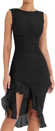 Women's Midi Bodycon Dress Summer Sleeveless Ruffle Mermaid Dress Cocktail Party Tank Dresses for Wedding Guest, Size L