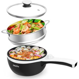 Dezin Hot Pot Electric with Steamer Upgraded, Non-Stick Saut Pan, Rapid Noodles Electric Pot, 1.5L Mini Pot for Steak, Egg, Fried Rice, Ramen, Oatmeal, Soup with Power Adjustment (Black 2)