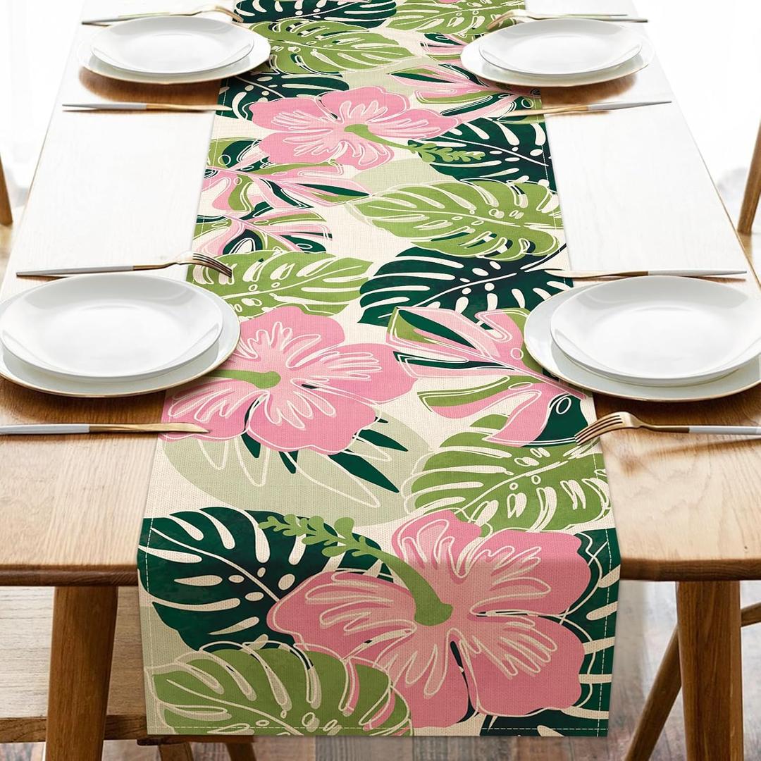 Boho Palm Leaves Spring Summer Table Runner, Tropical Hibiscus Flower Floral Bohemian Kitchen Dining Table Decoration, Pink Green Botanical Indoor Outdoor Home Decor Party Supply 13 x 36 Inch