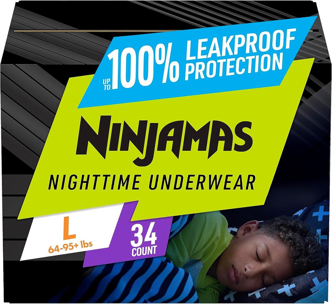 Ninjamas Boys Bedwetting Nighttime Underwear, Size L (64-95+ lbs), 34 Count, Overnight Protection, Ultra Absorbent, Hypoallergenic