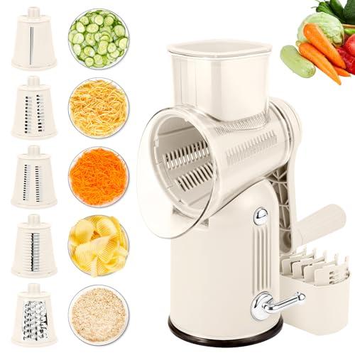 Rotary Cheese Grater with Handle: 5-in-1 Cheese Grater Hand Crank, Strong Suction Base for Fruit Vegetables Nuts with Blade Storage Box (White)