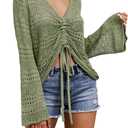 Saodimallsu Womens Boho Off Shoulder Sheer Crop Tops Bell Sleeve Flowy Oversized Crochet Ruched Pullover Sweaters (Medium, Army Green)
