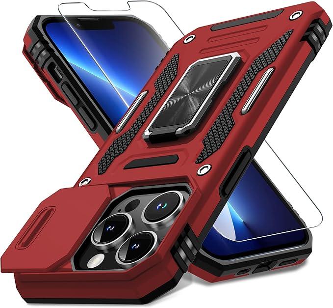 DEERLAMN Case for iPhone 14 Pro with Slide Camera Cover+Screen Protector(1 Pack),Rotated Ring Kickstand Military Grade Shockproof Protective Cover 6.1 Inch-Red