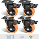 4" Caster Wheels Set of 4, Heavy Duty Casters with Brake, No Noise Locking Casters with Orange Polyurethane (PU) Wheels, Swivel Plate Castors Pack of 4