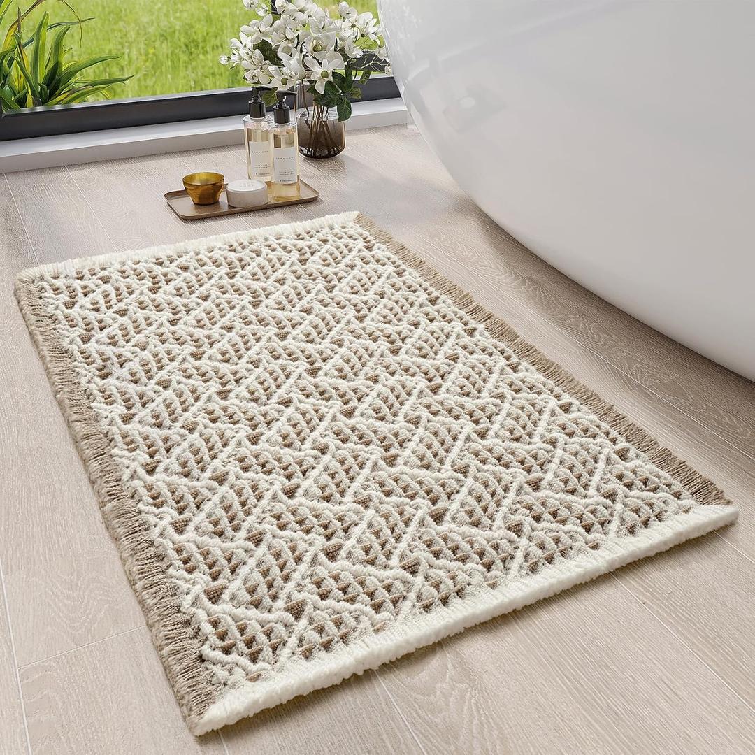 Waffle Bath Mat, Boho Bathroom Rugs Extra Soft and Absorbent Non Slip Washable Bath Rug, Rubber Backed Bathroom Floor Mat Outside Shower Mat, 24x36 (Brown)
