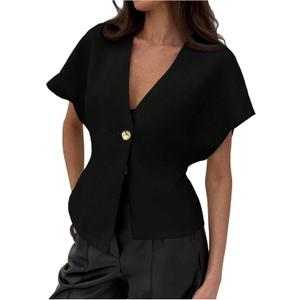 MakeMeChic Women's V Neck Blazer Top Single Button Short Sleeve Plain Office Suit Blazers (Black, S) MakeMeChic Women's V Neck Blazer Top Single Button Short Sleeve Plain Office Suit Blazers (Black, S)