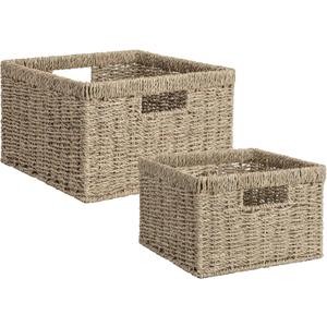 StorageWorks Wicker Storage Baskets, Large and Small Baskets, Handwoven Seagrass Basket for Organizing, Decorative Wicker Baskets with Built-in Handles, Set of 2 (11"D x 11"W x 7"H + 9"D x 9"W x 6"H)
