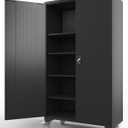 Large Metal Cabinet Two Lockable Doors Four Wheels,Four Adjustable Dividers Can Be Used As Tool File Storage Suitable For Garages Schools Gyms Offices (Black)