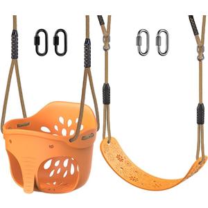 SELEWARE Toddler Swing Set Accessories, High Back Full Bucket Swing Seats with Adjustable Rope and 4 Locking Carabiners, Cute Elephant Shape Design 600LB Capacity (2 Pack)