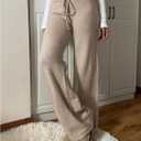 Verdusa Women's Straight Leg Pants Drawstring Waist Knitted Extra Long Trousers Fall Outfit Khaki Medium