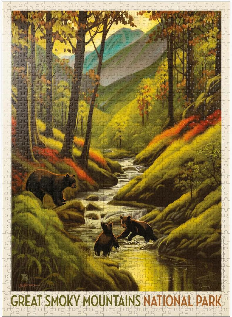 MyPuzzle Great Smoky Mountains National Park: Splashing Cubs, Vintage Poster - Premium 1000 Piece Jigsaw Puzzle for Adults