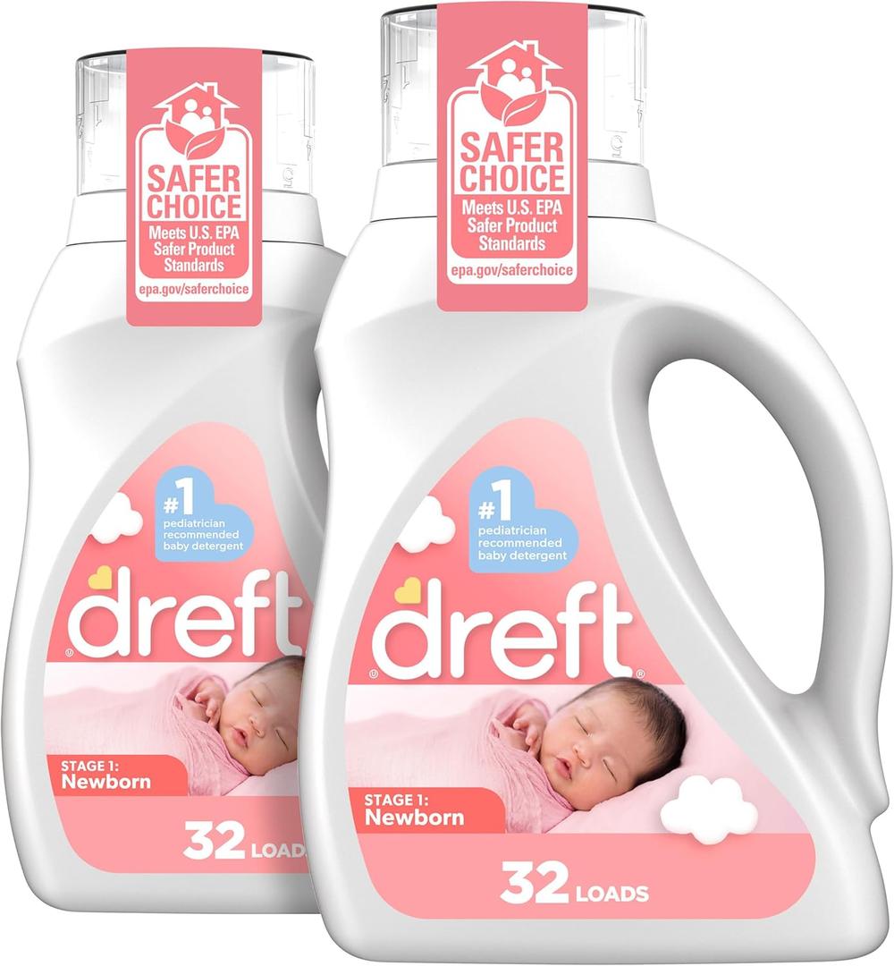 Dreft Newborn Baby Liquid Laundry Detergent, Gentle on Sensitive Skin, HE Compatible, 2 Pack, 32 Loads Each, Baby Laundry Detergent, Newborn Essentials (46 Fl Oz (Pack of 2))