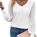 SweatyRocks Women's Lace Eyelet V Neck Tops Casual Long Sleeve Shirts Going Out T Shirts (XL)