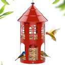 Metal Bird Feeder for Outdoor Hanging, Large Capacity Wild Bird Feeder with Weatherproof Roof & Squirrel-Proof Design, Easy to Fill & Clean, Ideal for Cardinals, Finches, and Blue Jays (Red)
