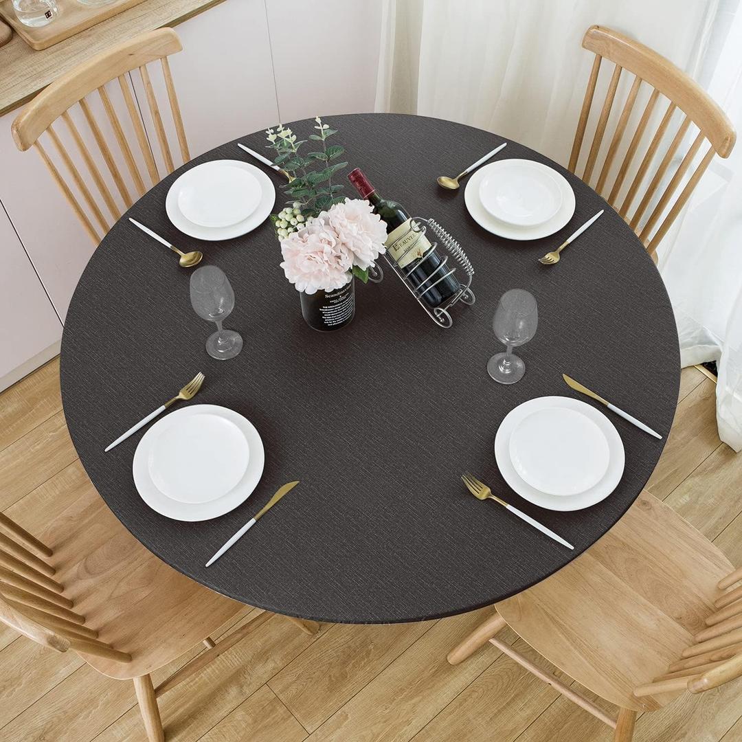 NLMUVW Round Fitted Vinyl Tablecloth with Elastic Edge 100% Waterproof Oil Proof PVC Table Cloth Wipe Clean Table Cover for Indoor and Outdoor, Black, 40"- 44"