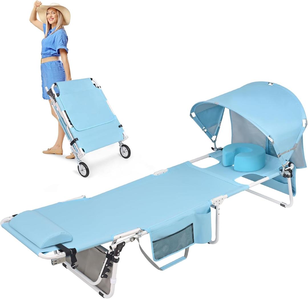 Wheel-To-Go Oversized Tanning Chair with Face Hole & Wheels | Portable Heavy Duty Folding Lounge Chair | Outside Sunbathing Reading Relaxing Beach Poolside Lawn | XL Wide | 330 LBS (Patent Design) (Light Blue)