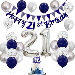 Blue Happy 21st Birthday Banner with Navy Blue Silver Balloons, 21 Birthday Cake Topper Number 21 Balloon for Him and Her