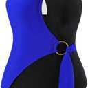 WeeH Women One Piece Swimsuit Color Block Bathing Suit Front Cross Swimwear Beach Bikini (Large-X-Large, Blue and Black)