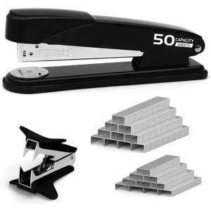 Metal Stapler Heavy Duty 50 Sheet Capacity with 2000 Staples and Staple Remover, No Jam, Non-Slip Stapler for Desk, Black Office Supplies for Teacher, Office Clerks