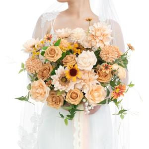 Ling's Moment Sunflower Bridal Bouquet, Orange Wedding Bouquets for Bride, 15 Inch Silk Free Form Bridal Bouquets Artificial Wedding Flower Bouquet