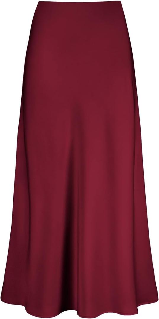 Women's Satin High Waisted Maxi Skirts Hidden Elasticized Waistband A Line Long Skirt (Wine Red)