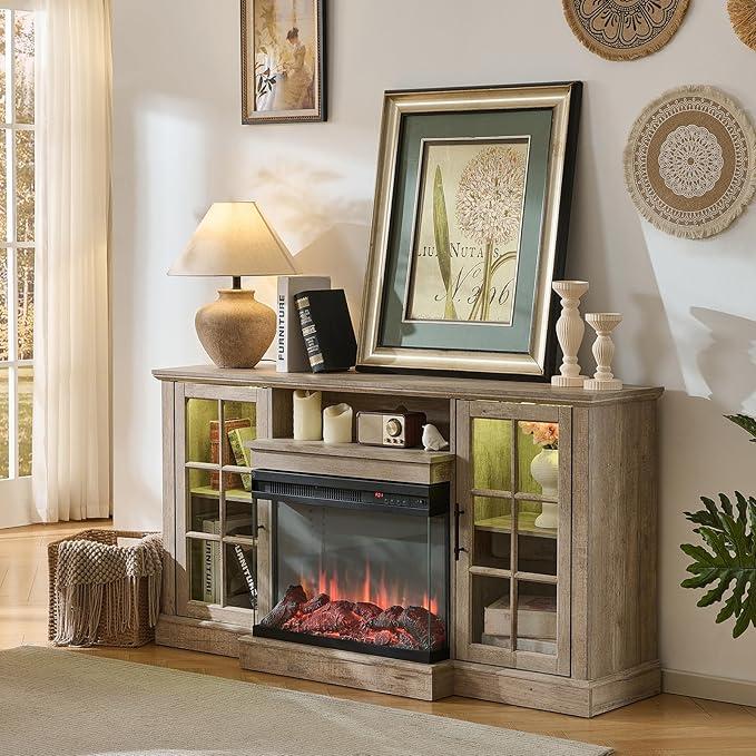 ROCKPOINT 3 Sided Glass 59" Fireplace TV Stand for TVs up to 65inch, Media Entertainment Center with Glass Door Storage Cabinet, 24" Electric Fireplace with LED Light and Flame Colors, Grey