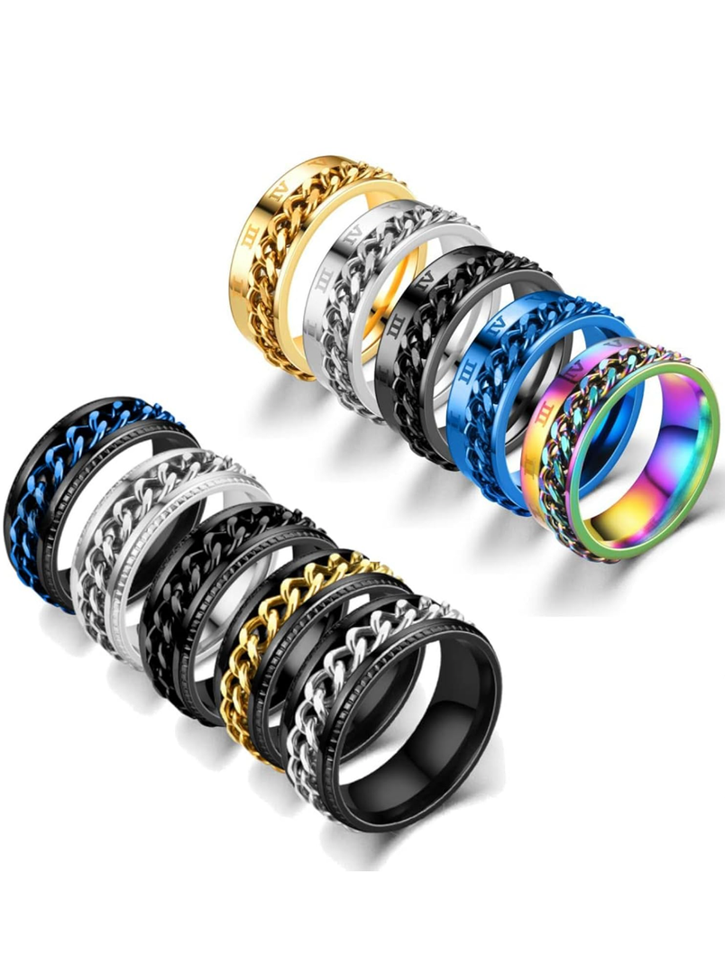 MOZAKA 10 Pcs 8mm Stainless Steel Ring Spinner Fidget Band Chain Rings for Men Women Polished Wedding Cool Ring, Size 8