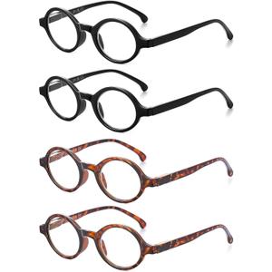 JM Set of 4 Retro Round Reading Glasses Spring Hinge Readers Men Women Glasses for Reading 4 Pack Mix (2 Black & 2 Tortoise)