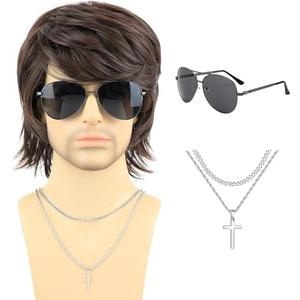 PUREHAIR Short Brown Wigs for Men - 70s 80s Natural Fluffy Heat Resistant Synthetic Hair Wig for Cosplay, Daily Use, Themed Party and Halloween (Brown)