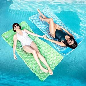 SLOOSH Inflatable Pool Floats Raft, Floating Lounge for Adults, 64x32 inch Swimming Mat Pool Mattress with Headrest, 2 Pieces Float Air Mat for Summer Water Beach Fun, Green, Blue