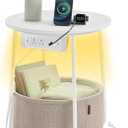 VASAGLE LILEA Collection - Side Table with Charging Station, Round End Table with Fabric Basket, LED Nightstand with USB Ports, Modern, for Living Room, Matte White and Camel Brown ULET227W01