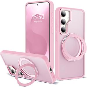 for Samsung Galaxy S25 Plus Case with 360Rotatable Magnetic Ring Stand Compatible with Mag-Safe Military Protection Shockproof Matte Translucent Phone Cases for Galaxy S25+,Pink