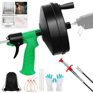 50 Ft Drain Snake, Fast Unclog Snake, Manual & Electric Plumbing Snaker for Shower Sink, Toilet and Kitchen, Drain Auger 50 ft Comes with Gloves and Bag, 1/4 Inch, Green