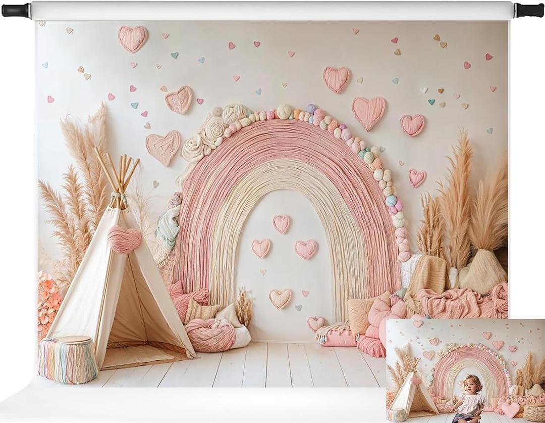 Kate Boho Rainbow Backdrop Pink 1st Birthday Photography Backdrops, 7x5ft