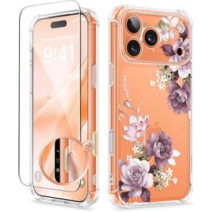 GVIEWIN for iPhone 17 Pro Max Case with Screen Protector, Upgraded [Full Camera Protection] [Non Yellowing] Floral Slim Shockproof Clear Women Phone Cover for iPhone 17 Pro Max 6.9" (Cherry Blossoms)
