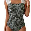 B2prity Womens One Piece Swimsuit Retro Square Neck Tummy Control Bathing Suits Ruched Modest Full Coverage Swimwear.XL