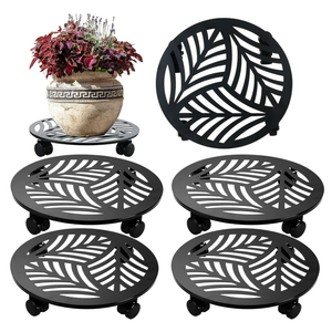 4 Packs Large Metal Plant Caddy with PU Wheels 13.6" Heavy-Duty Wrought Iron Rolling Plant Stands Indoor Outdoor Wheeled Plant Dolly Planter Mover Rollers Plant, Leaf Style