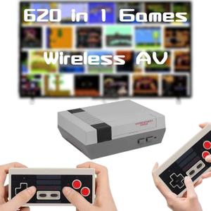 Retro Game Console, Wireless Retro Gaming System, Built-in 620 Classic Video Games, Plug & Play Game Console for TV with AV Output and 2 Wireless Controllers (Grey)