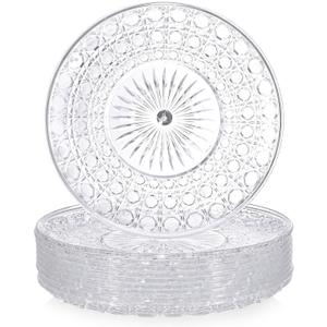 10 Pcs Round Plastic Serving Platters Bulk Clear Plastic Tray Acrylic Crystal Flan Plates Diamond Embossed Dinnerware for Party Food Cake Cookie Fruits Birthday Wedding Supplies(9.8 Inch)