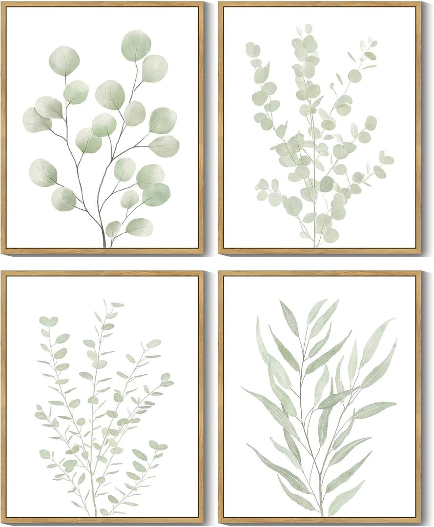 Drsoum Botanical Plant Framed Wall Art Boho Wall Decor for Bathroom Sage Green Eucalyptus Leaf Prints Minimalist Aesthetic Ready to Hang Set of 4, 8x10 in (Natural Framed)