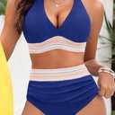 Women Tummy Control Two Piece Swimsuit - High Waisted Bathing Suit Halter Bikini Set Push Up Swimwear 2025 (Blue, L)