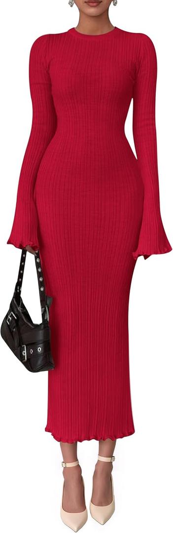PRETTYGARDEN Sweater Dresses for Women 2026 Fall Bell Long Sleeve Crew Neck Bodycon Maxi Dress Winter Ribbed Knit Outfits (XX-Large, Red)