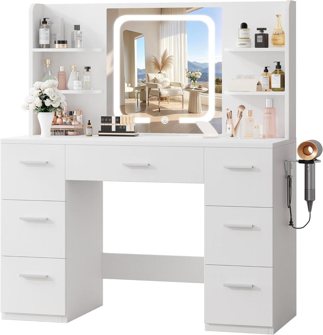 LIVELYGLOW White Large Makeup Vanity Desk with Smart LED Mirror & Power Station, 43" Professional Dressing Table with 7 Drawers, 4 Open Shelves & Hairdryer Holder for Bedroom