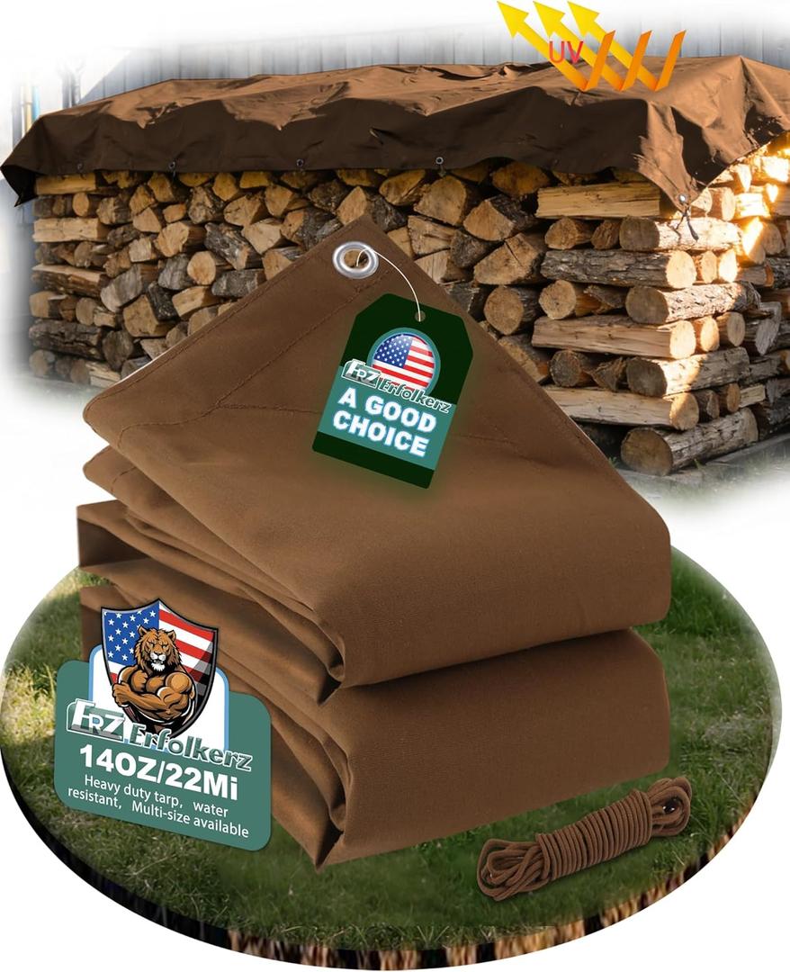Canvas Tarp 8x10ft 22Mil Water-Resistant Tarps with Aluminum Grommets, 14OZ UV-Resistant Tarpaulin,Heavy-Duty Multi-Use Cloth Covers for Wood/Car/Roof/Boat/Camp/Canopy (Brass)