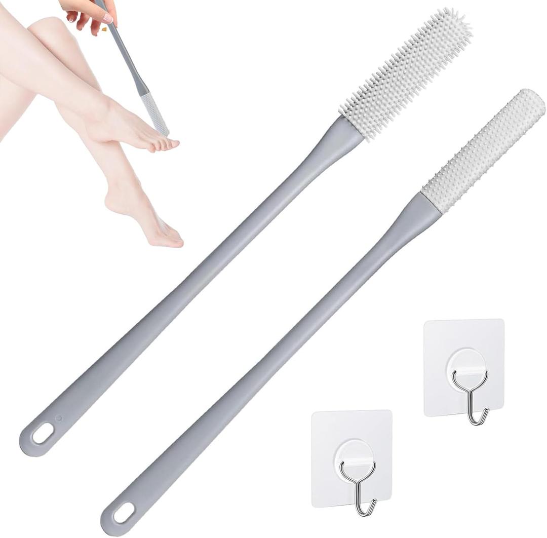 2 Pack Toe Cleaning Brush,Silicone Foot Scrubber for Shower with 15.7" Long Handle Soft Cleaning Bath Brush Feet Cleaner Scrub Foot Care for Seniors,Elderly, Men and Women (Grey)