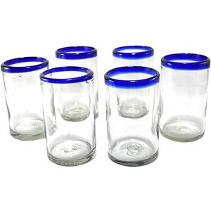MAREY Hand Blown Drinking Glasses Artisan Crafted from Mexico Set of 6 pieces (Cobalt Blue Rim, Water 16 Oz.)