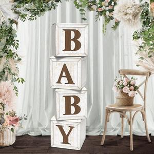 Baby Shower Boxes for Gender Reveal Party Gender Neutral Baby Shower Centerpiece Decor,Wood Grain Boxes with Baby Letters,Baby Shower Supplies, Gender Reveal Backdrop (White)