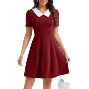 Bbonlinedress 1950s Vintage Dress for Women Retro Rockabilly Peter Pan Collar Short Sleeve Cocktail Party A Line Dresses (XXL)