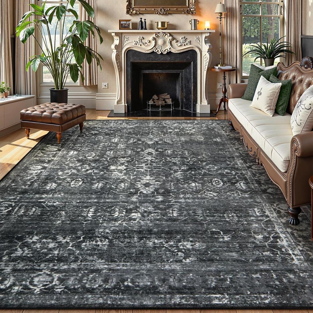 Lahome 8x10 Area Rugs for Living Room Washable Rugs 8x10 Black Large Rug Indoor Carpet, Vintage Distressed Rug Soft Non Slip Area Rug for Bedroom Dining Room Home Office(8 x 10, Black/Grey) 